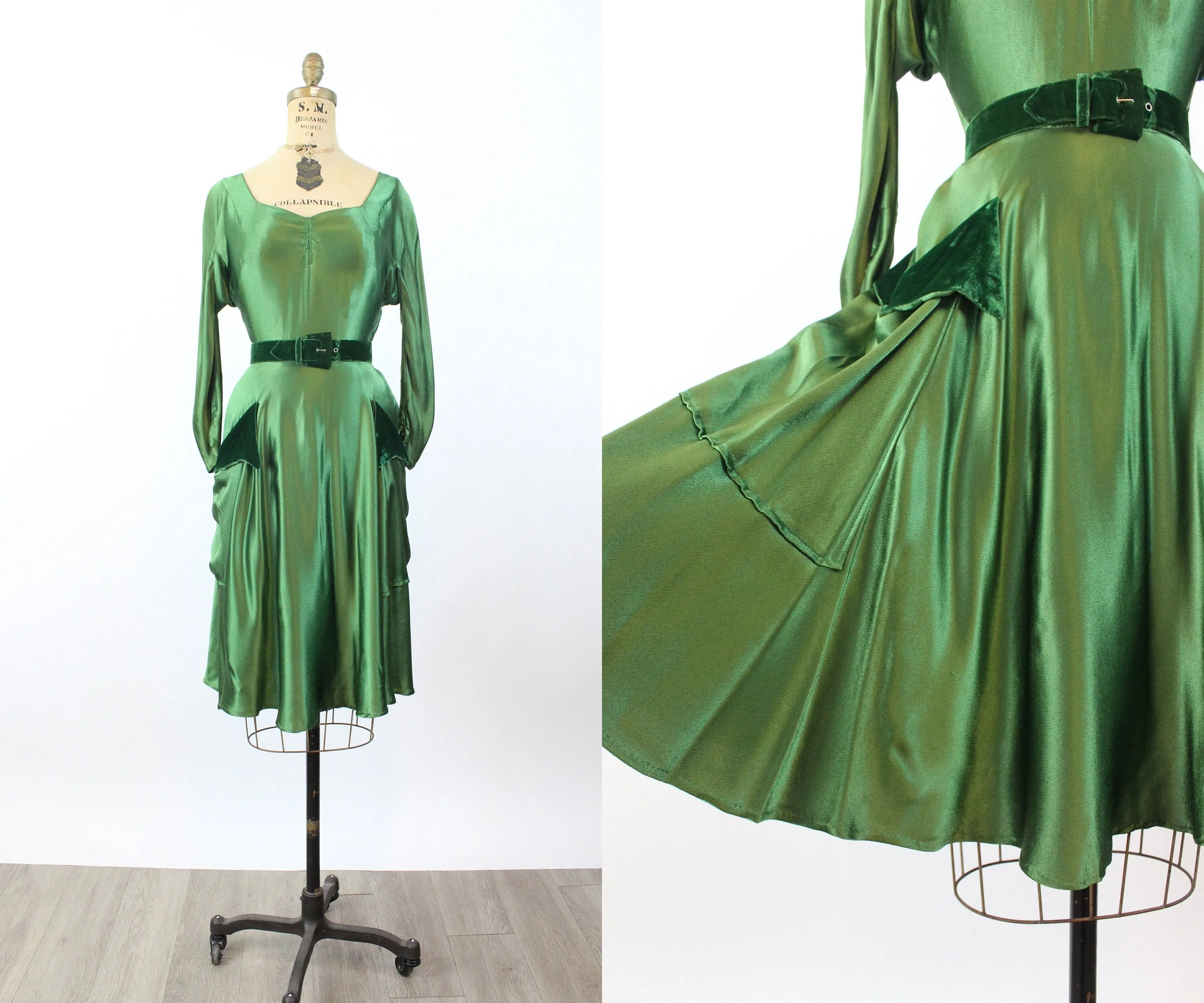 1940s 1950s GREEN satin velvet HIP POCKET dress xs  | new fall