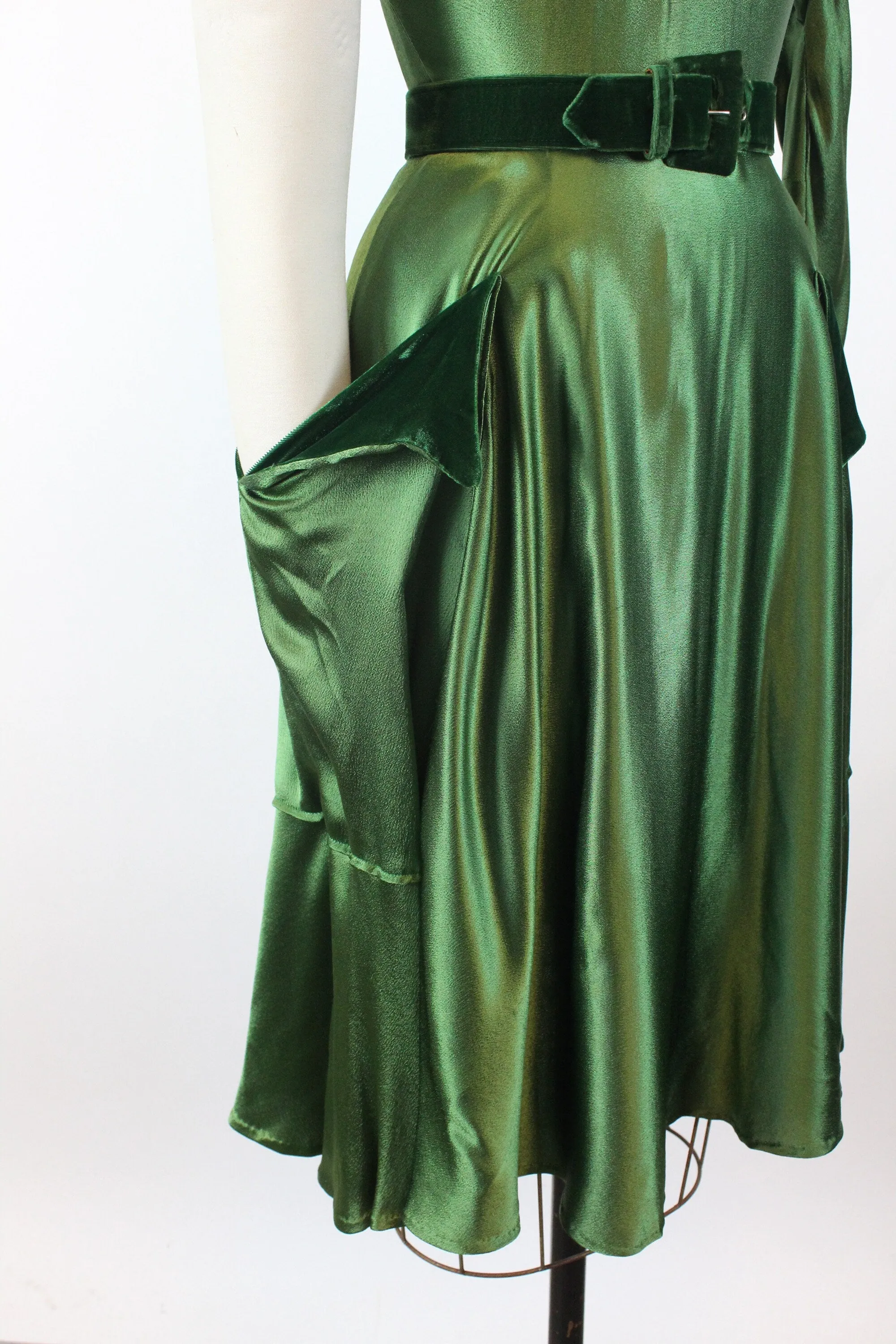 1940s 1950s GREEN satin velvet HIP POCKET dress xs  | new fall