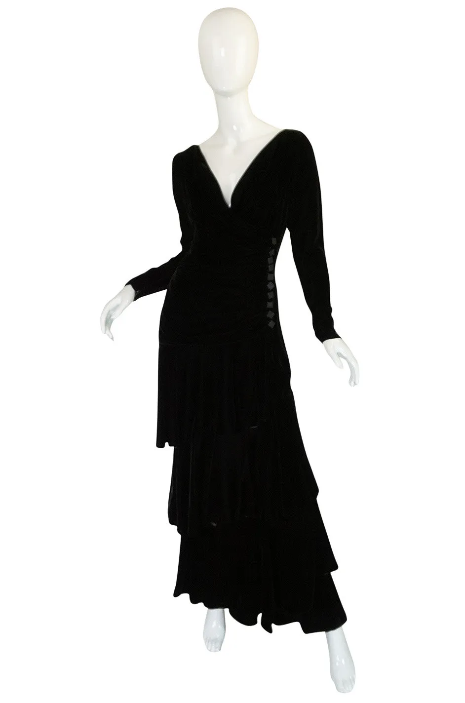 1970s Demi-Couture Black Velvet Tiered Lanvin Dress