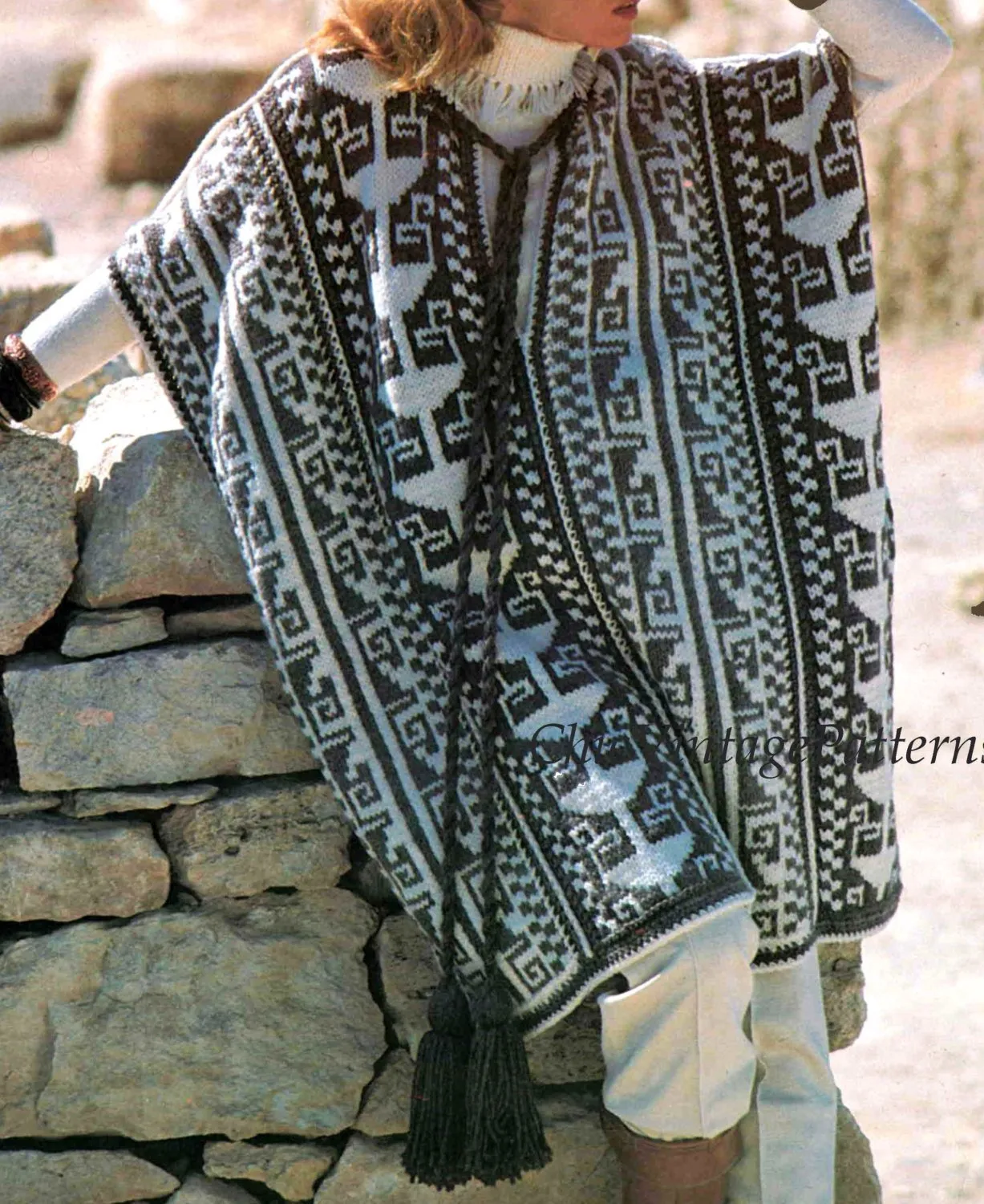 1970's Poncho Knitting Pattern, Inca Style, Fair Isle, Instant Download