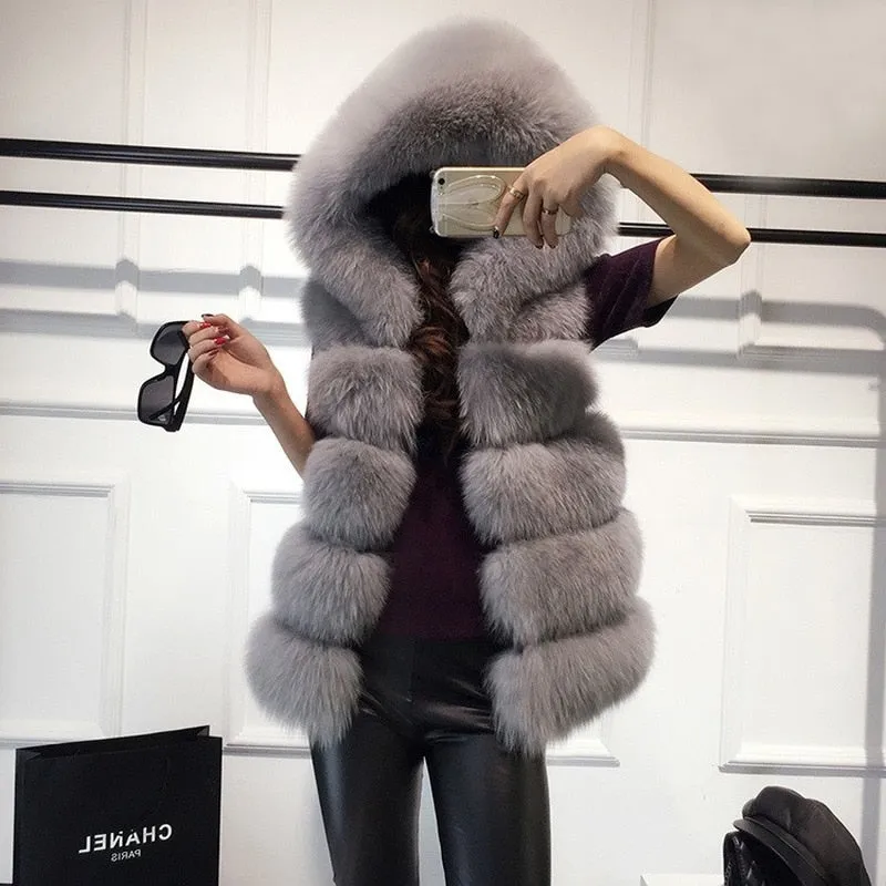 2022 Winter Sleeveless Artificial Fox Fur Coat Gilet Faux Fur Jacket