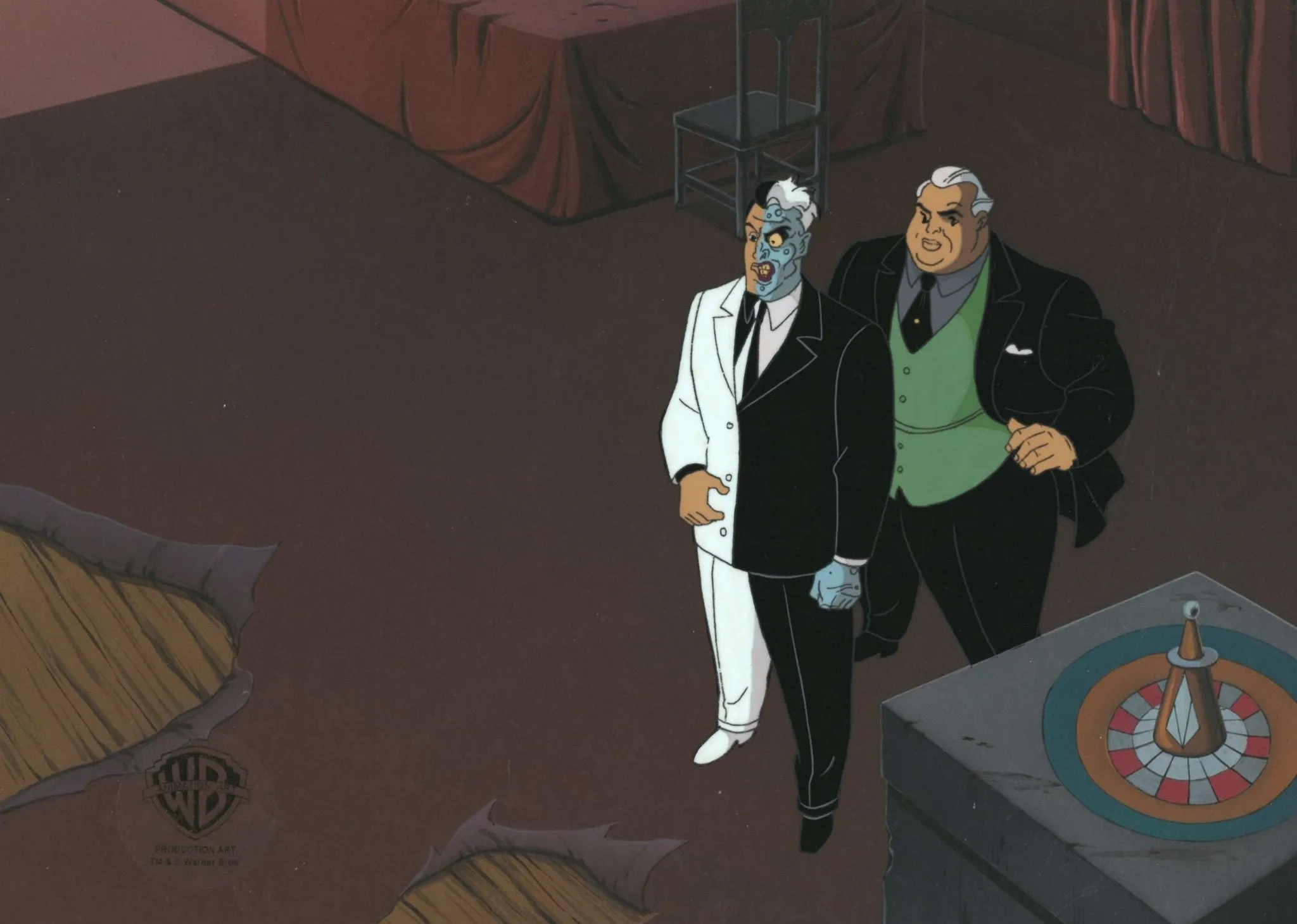 Batman The Animated Series Original Production Cel On Original Background: Two-Face and Rupert Thorne