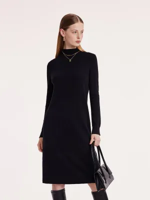 Black Pure Wool Mock Neck Knit Midi Work Dress