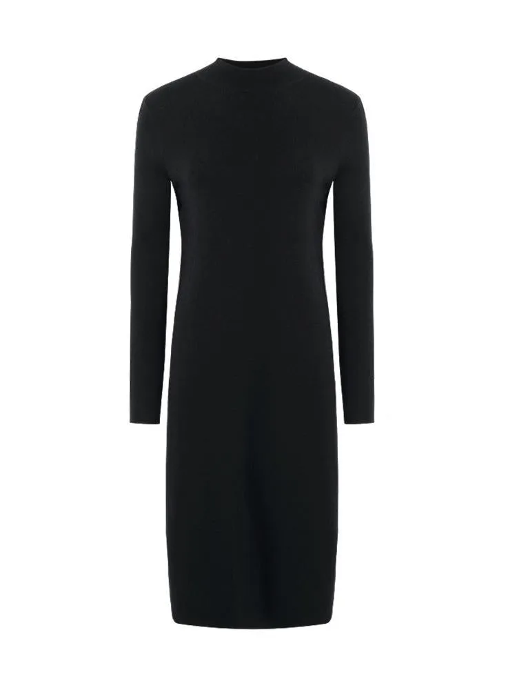 Black Pure Wool Mock Neck Knit Midi Work Dress