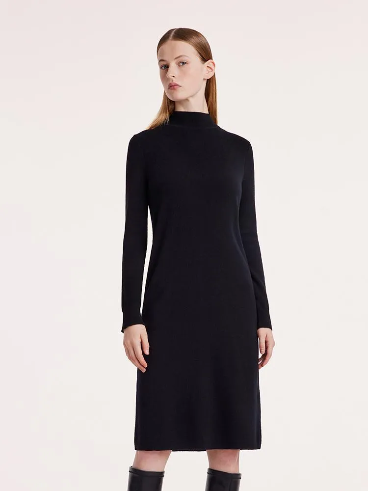 Black Pure Wool Mock Neck Knit Midi Work Dress