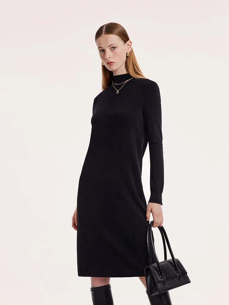 Black Pure Wool Mock Neck Knit Midi Work Dress