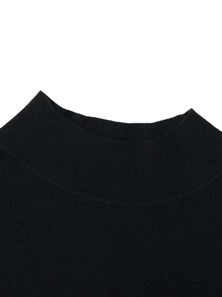 Black Pure Wool Mock Neck Knit Midi Work Dress