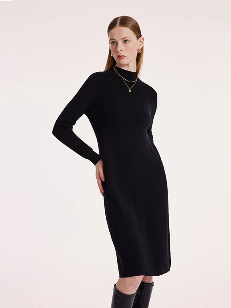 Black Pure Wool Mock Neck Knit Midi Work Dress