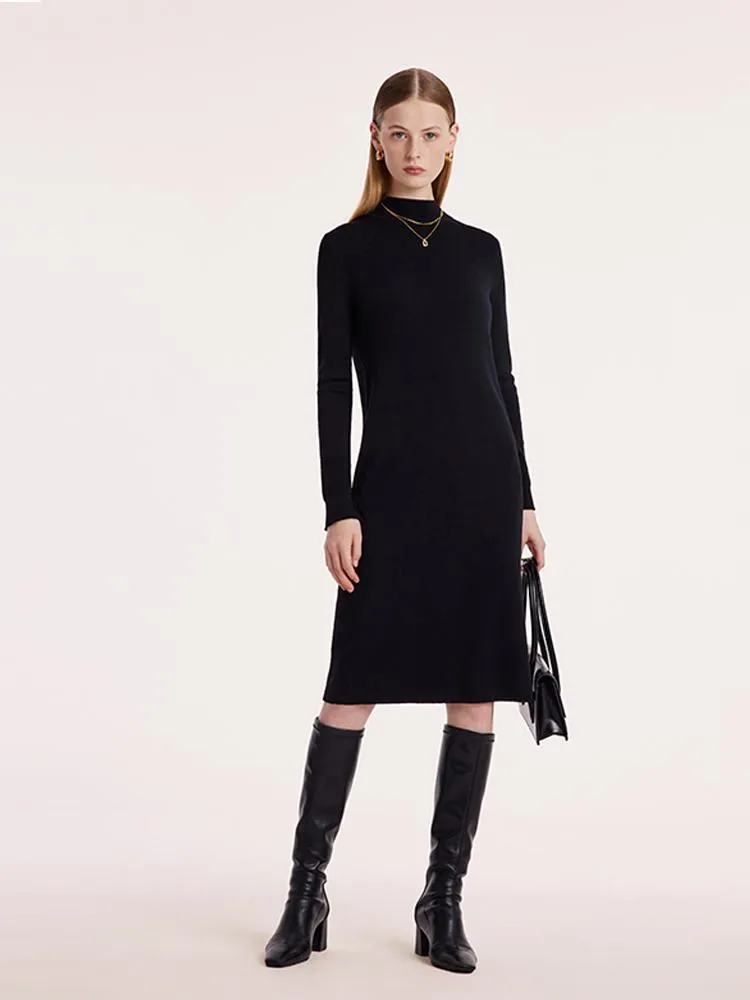 Black Pure Wool Mock Neck Knit Midi Work Dress