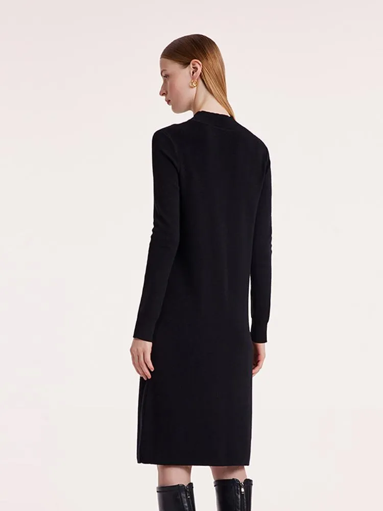 Black Pure Wool Mock Neck Knit Midi Work Dress