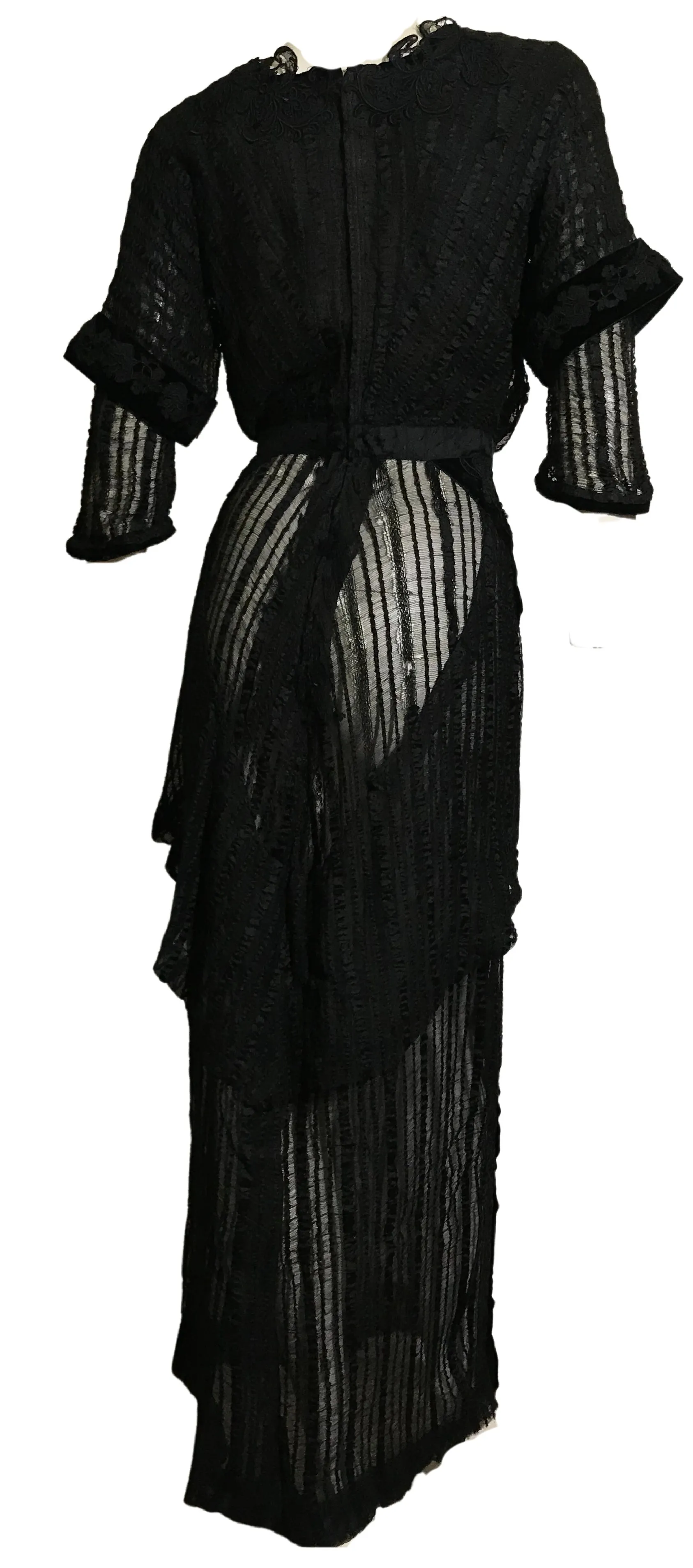 Black Web Woven Wool Long Dress with Embroidered Velvet Accents circa 1910s