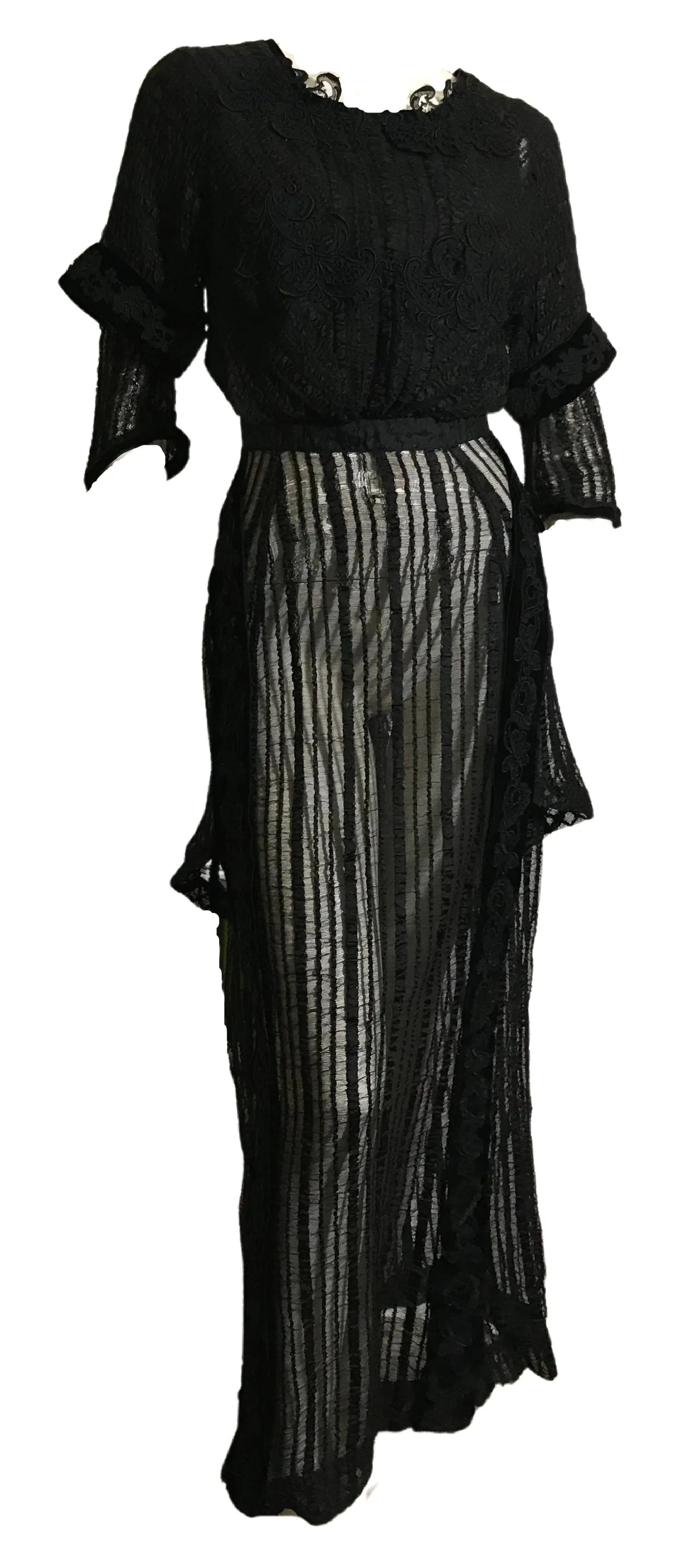 Black Web Woven Wool Long Dress with Embroidered Velvet Accents circa 1910s