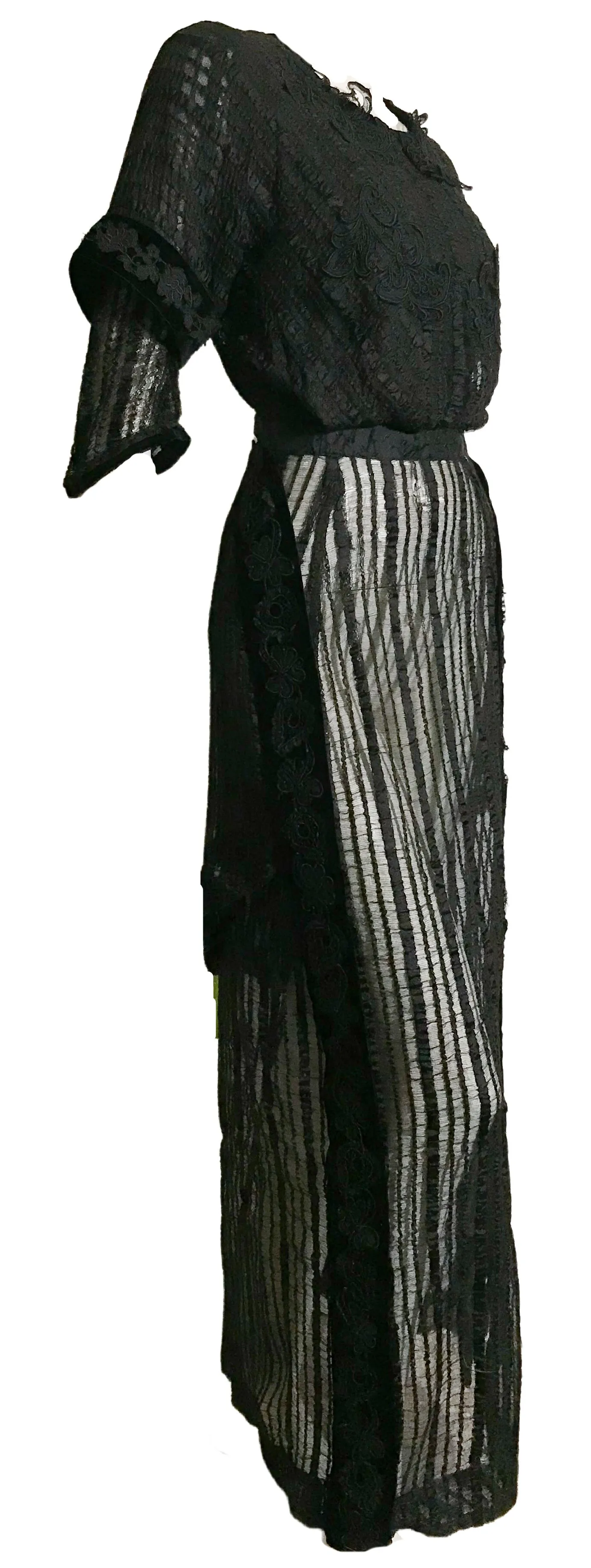 Black Web Woven Wool Long Dress with Embroidered Velvet Accents circa 1910s