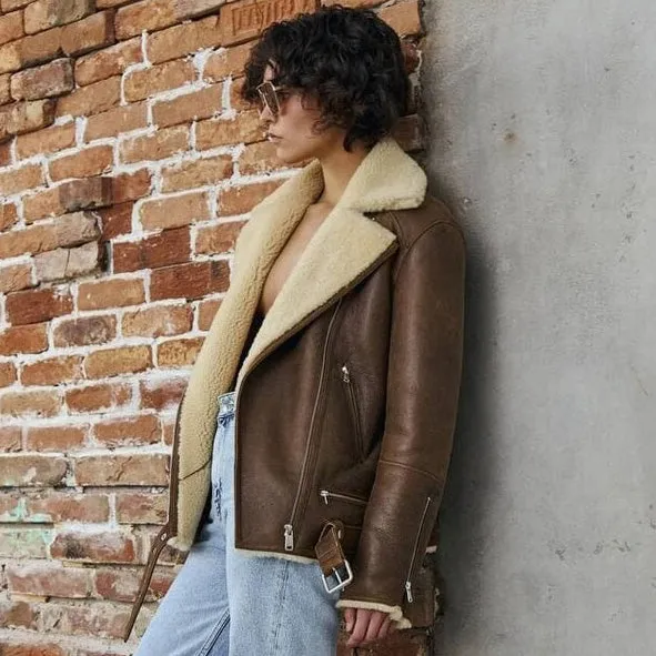 Brown Sheepskin Shearling Coat Aviator Jacket Women