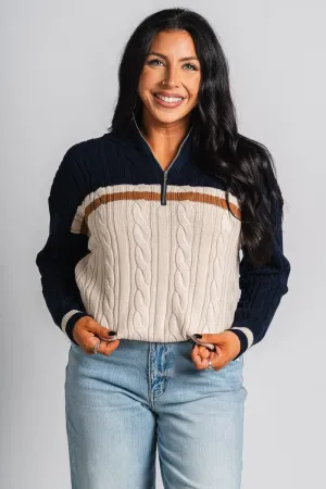 Cable knit zip pullover sweater navy/taupe