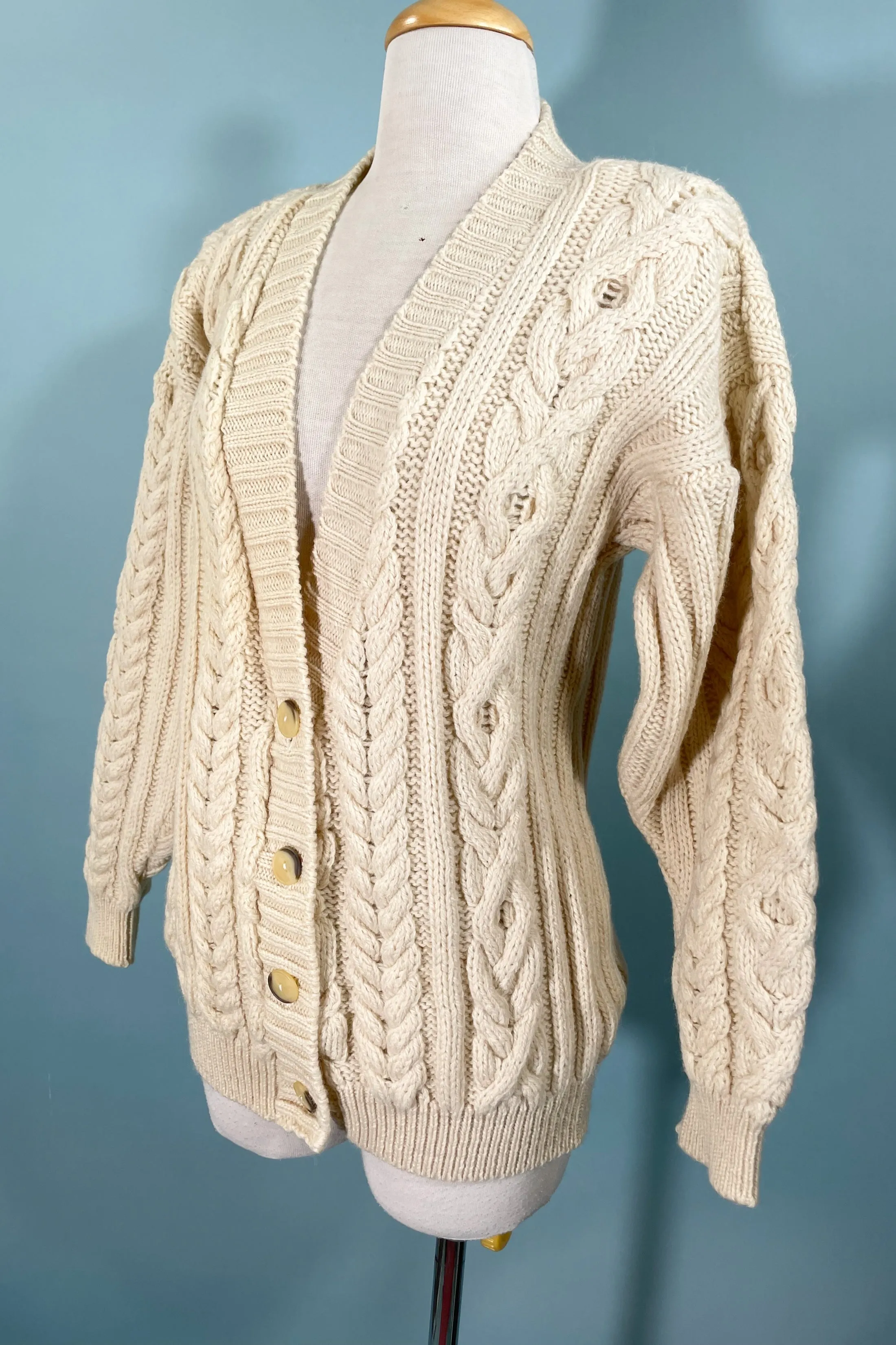 Carducci Cream Wool Cardigan Sweater, Cable Knit Fisherman Sweater M