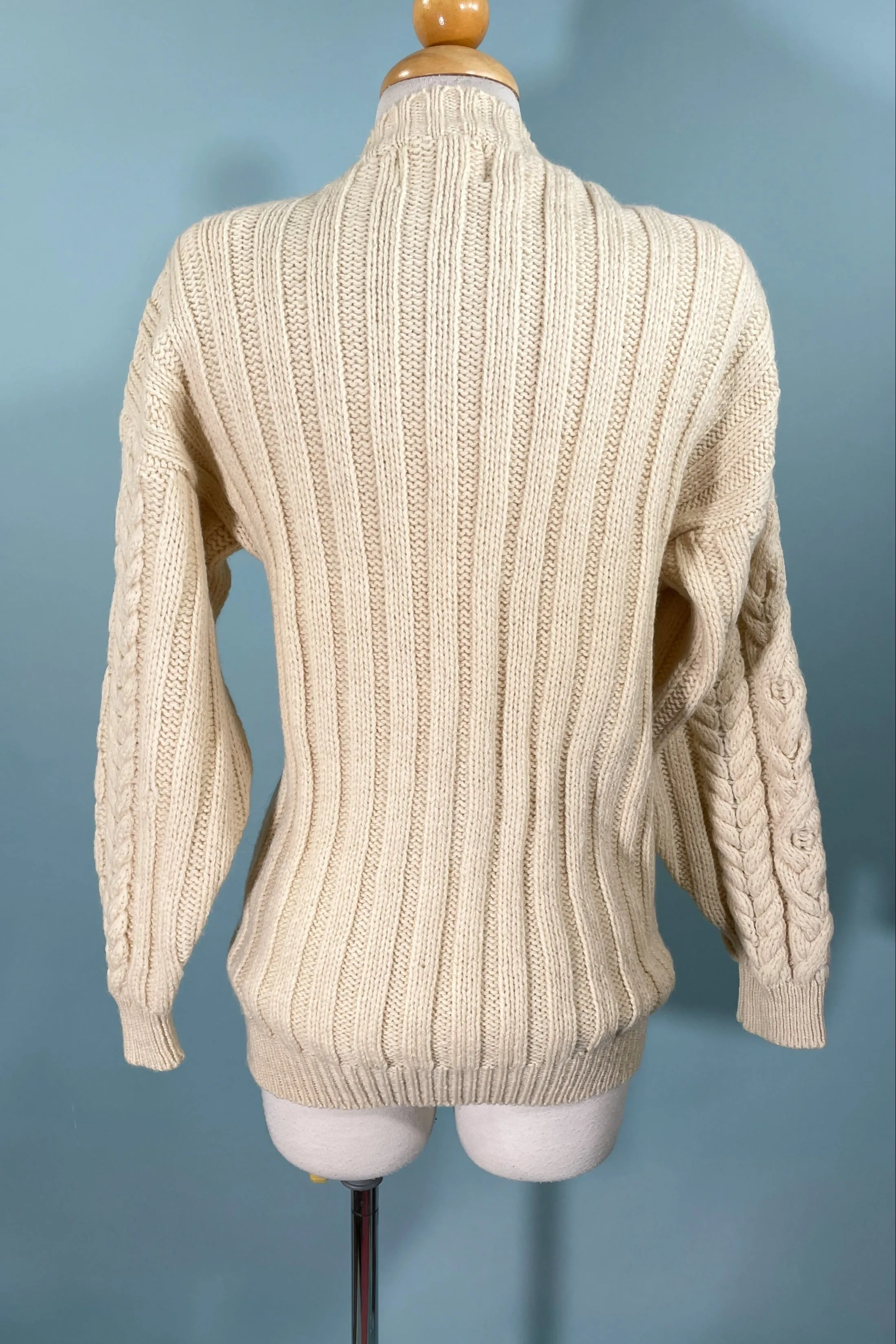 Carducci Cream Wool Cardigan Sweater, Cable Knit Fisherman Sweater M