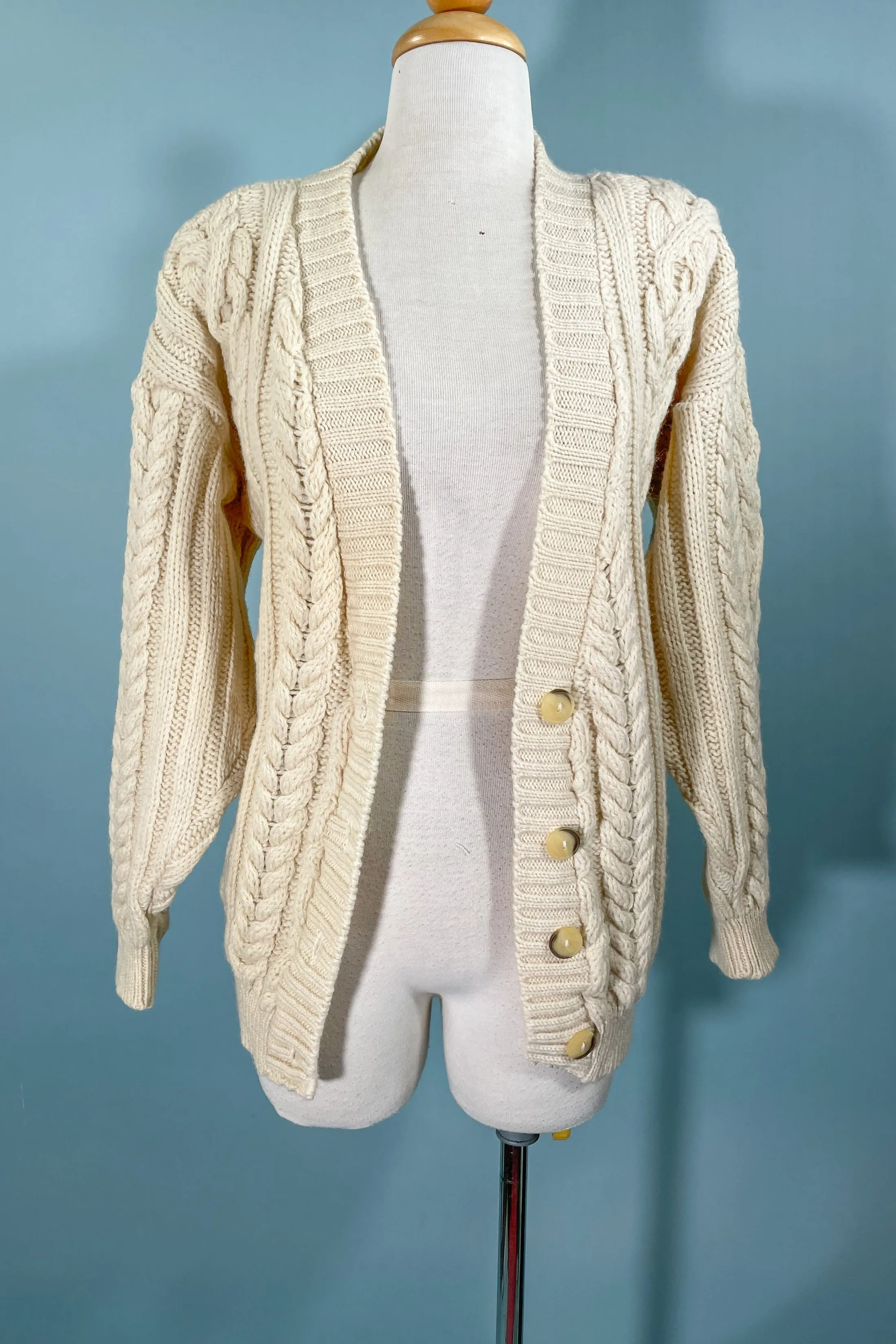 Carducci Cream Wool Cardigan Sweater, Cable Knit Fisherman Sweater M