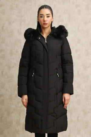 CHEVRON QUILTED PUFFER JACKET-BLACK