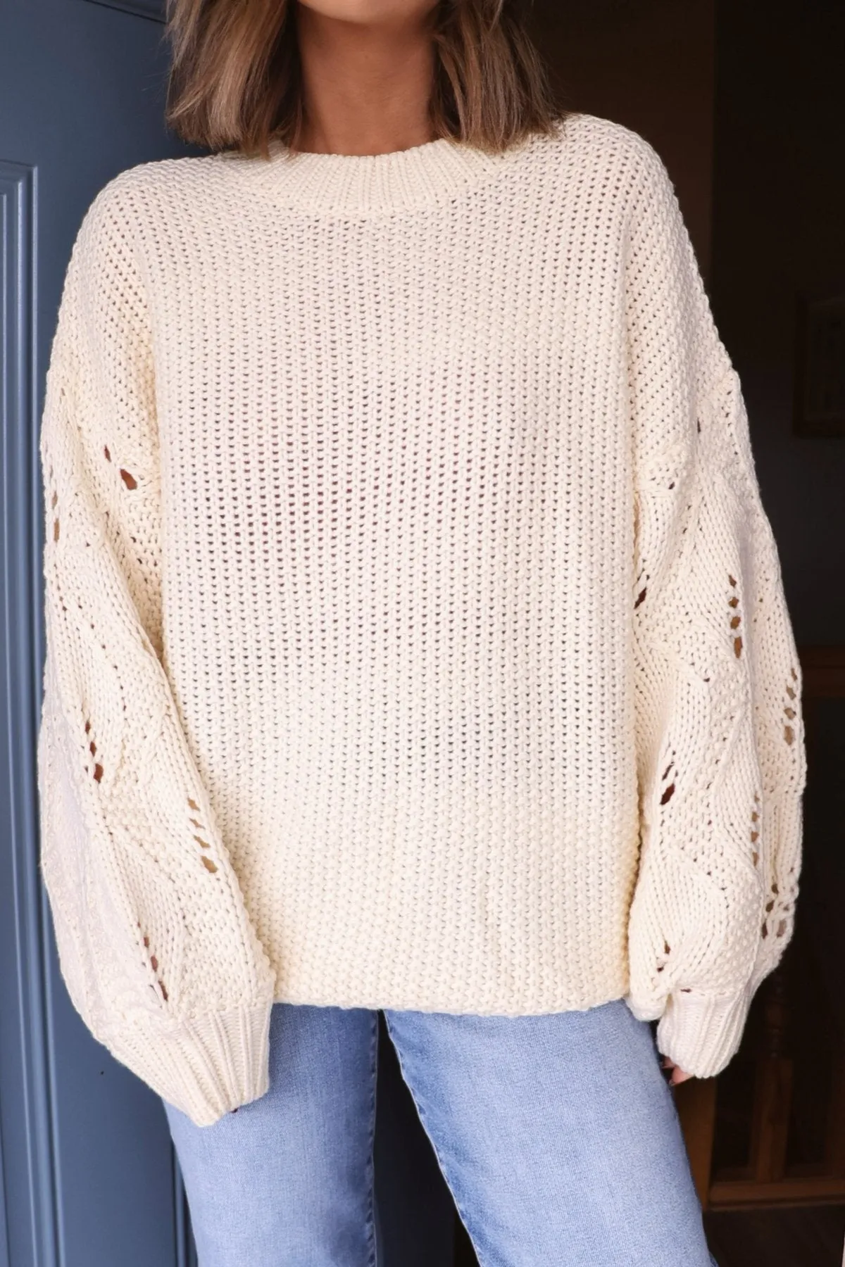 Crochet Sleeve Pullover Sweater - Cream