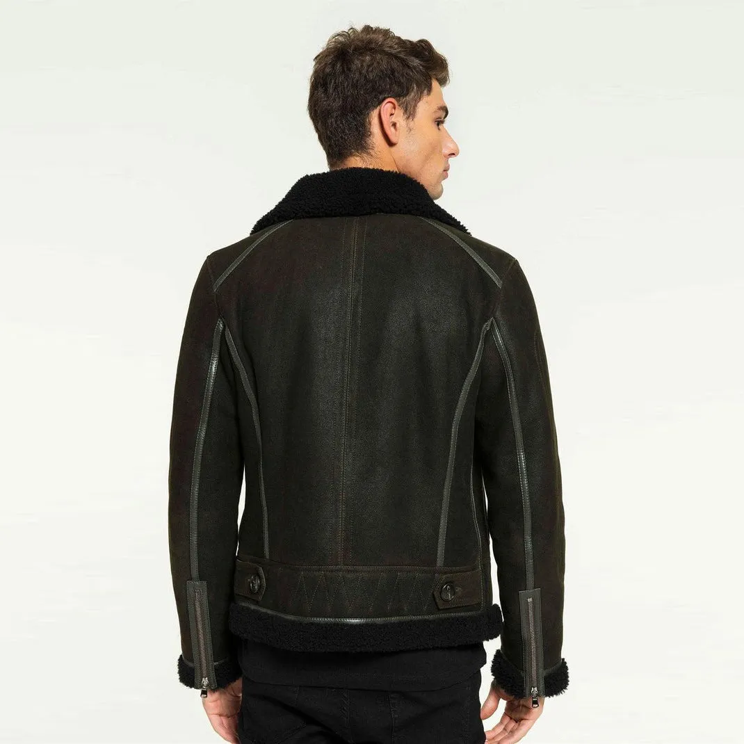 Dark Green & Black Aviator Shearling Jacket