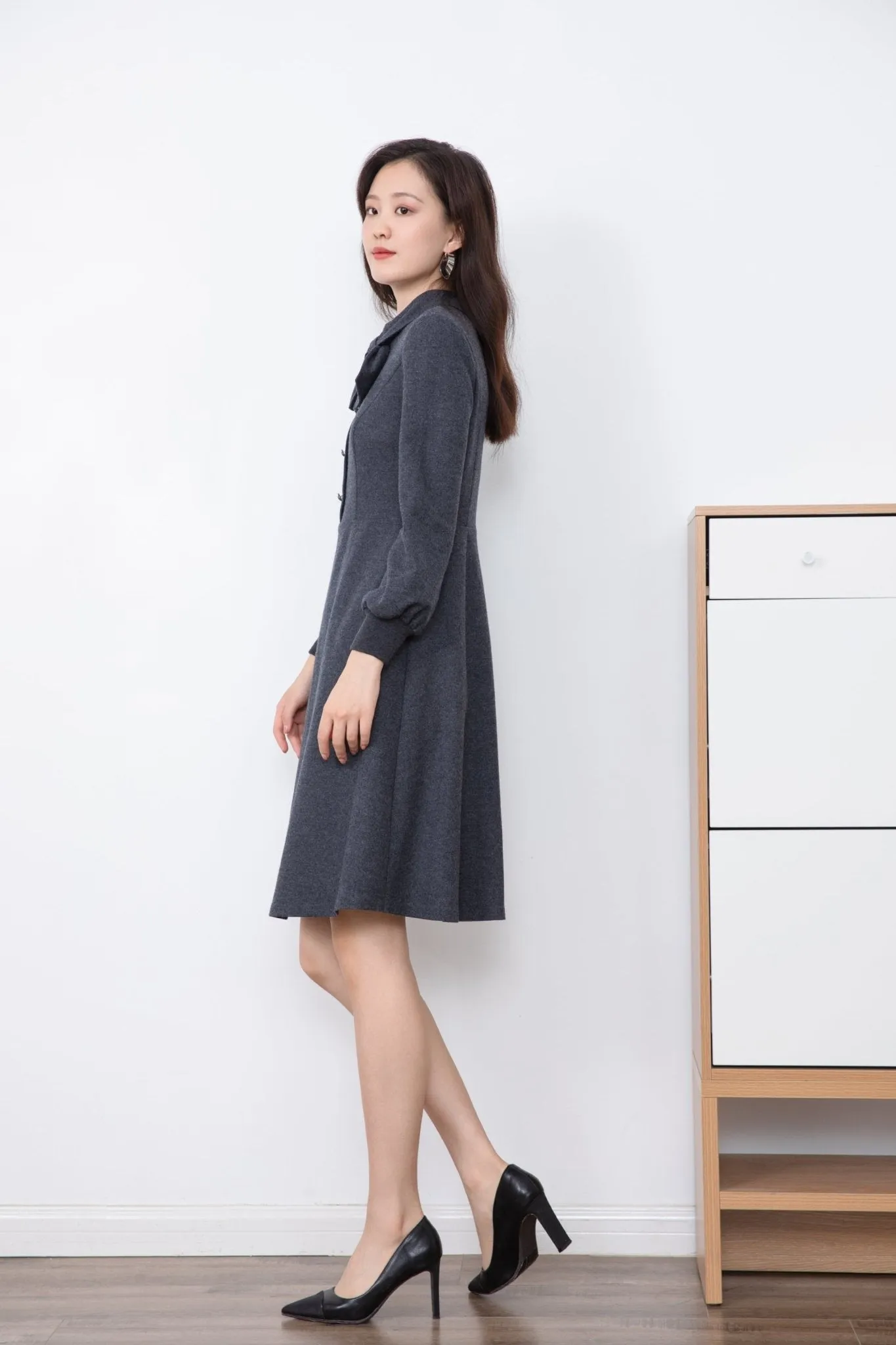 Dark Grey Woolen Tie-collar Dress