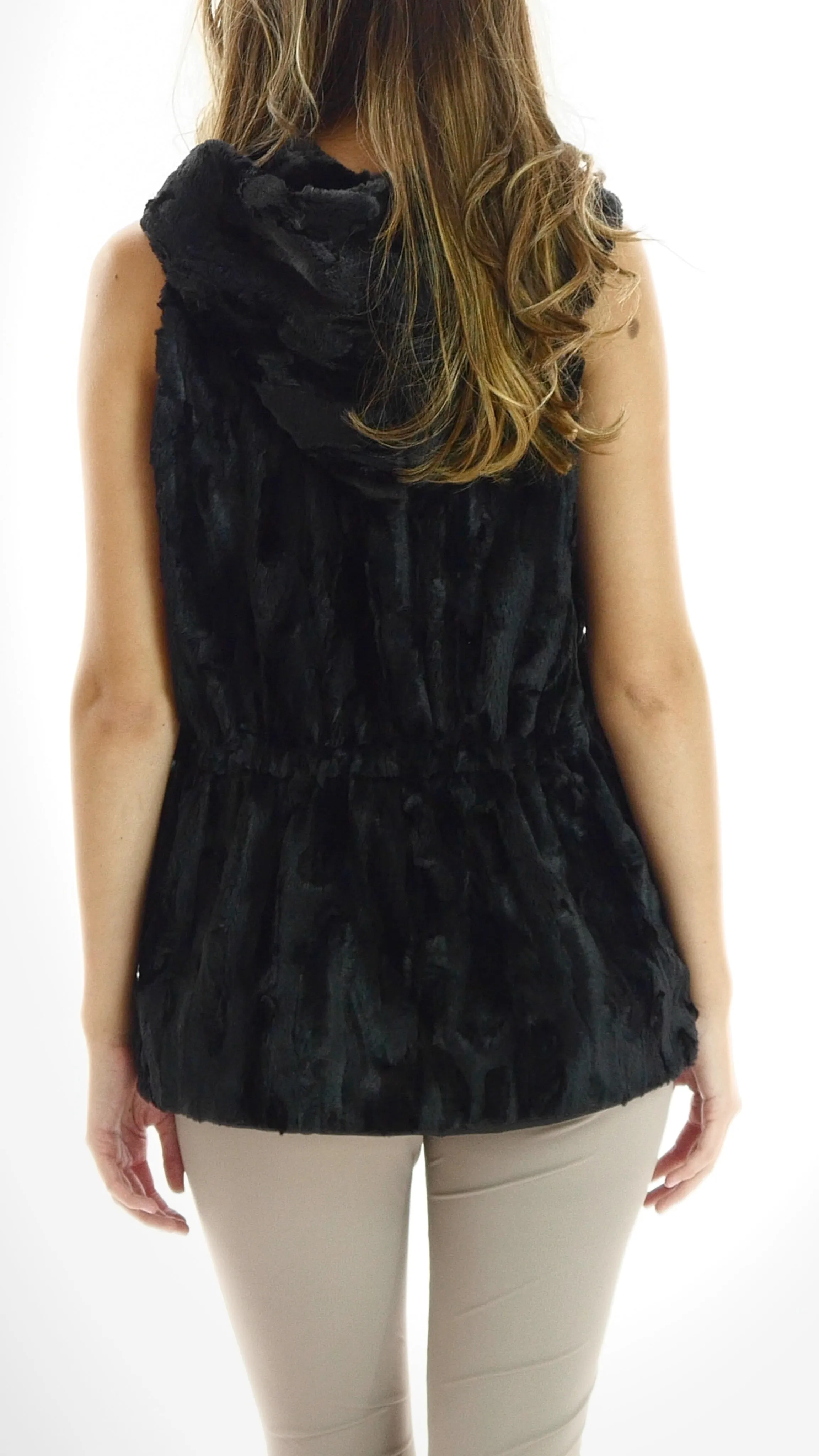 Faux Fur Casual Hoodie Vest with Elastic Strings