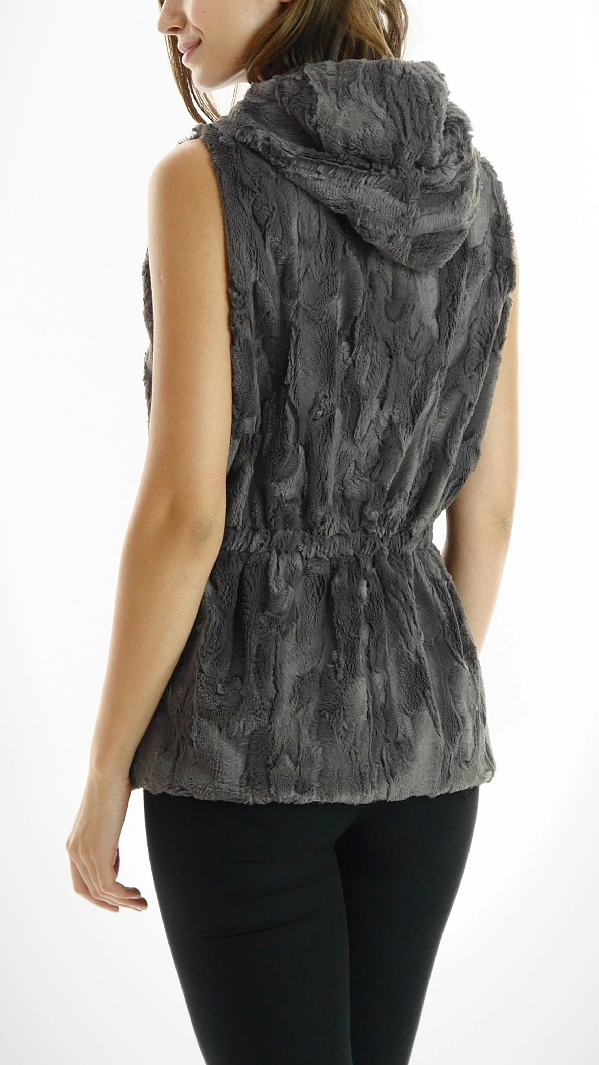 Faux Fur Casual Hoodie Vest with Elastic Strings