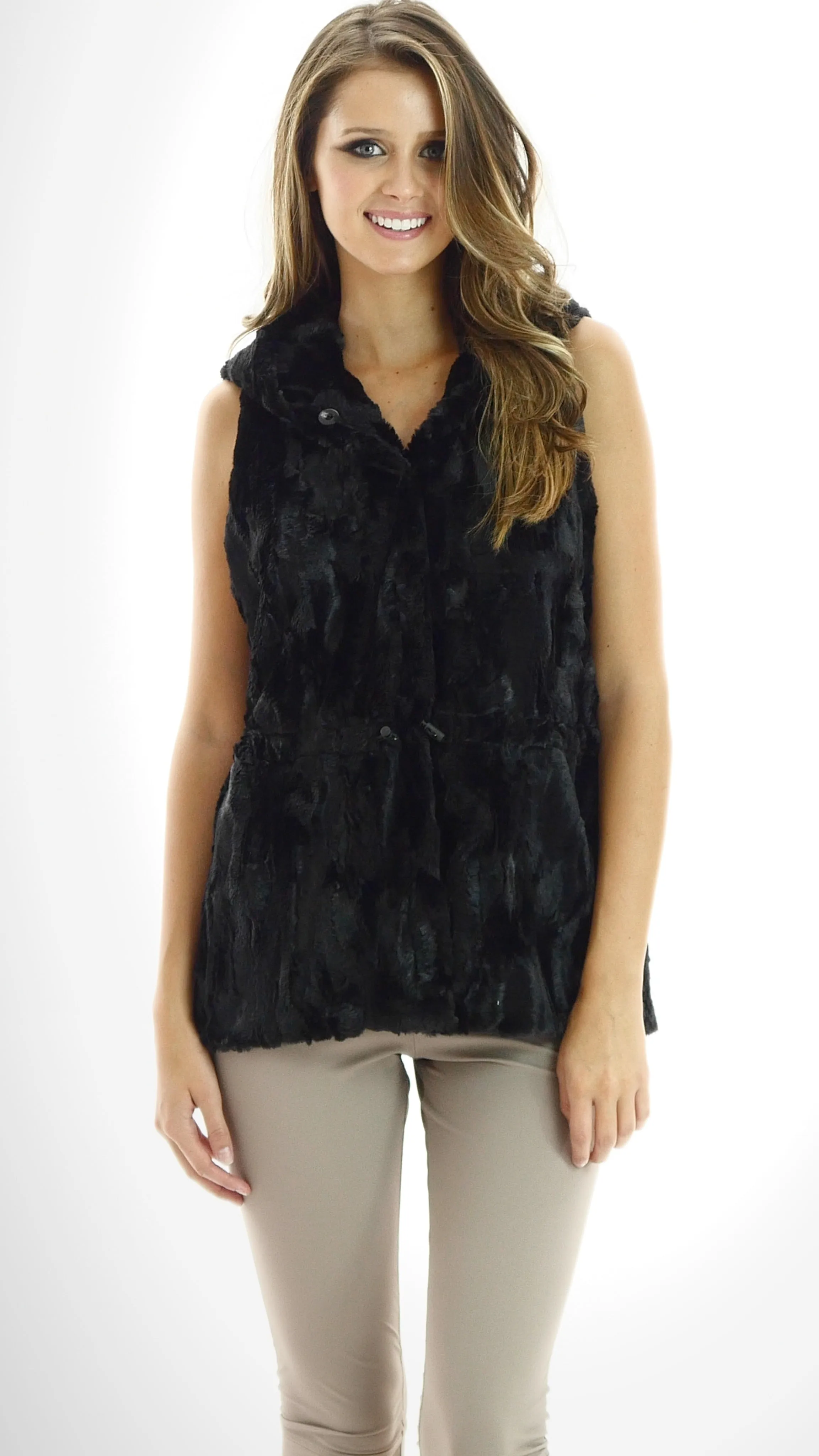 Faux Fur Casual Hoodie Vest with Elastic Strings