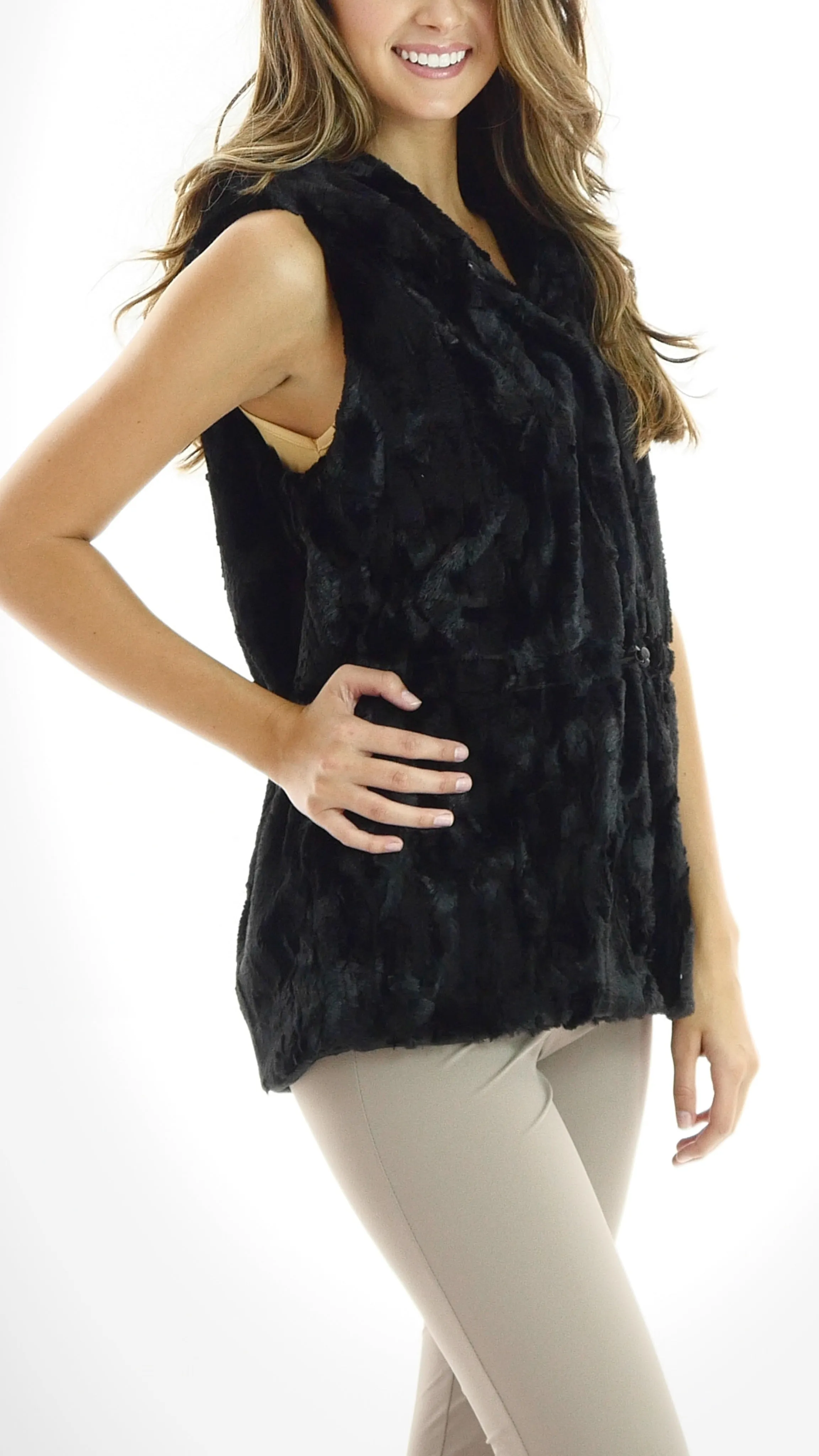 Faux Fur Casual Hoodie Vest with Elastic Strings