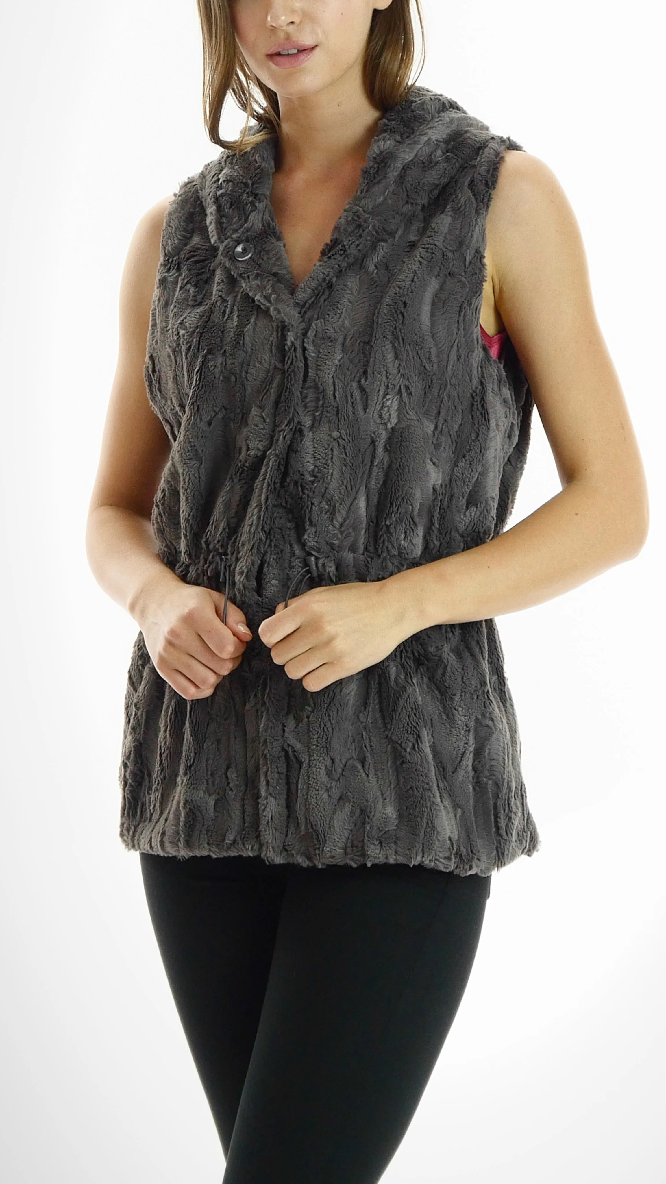 Faux Fur Casual Hoodie Vest with Elastic Strings