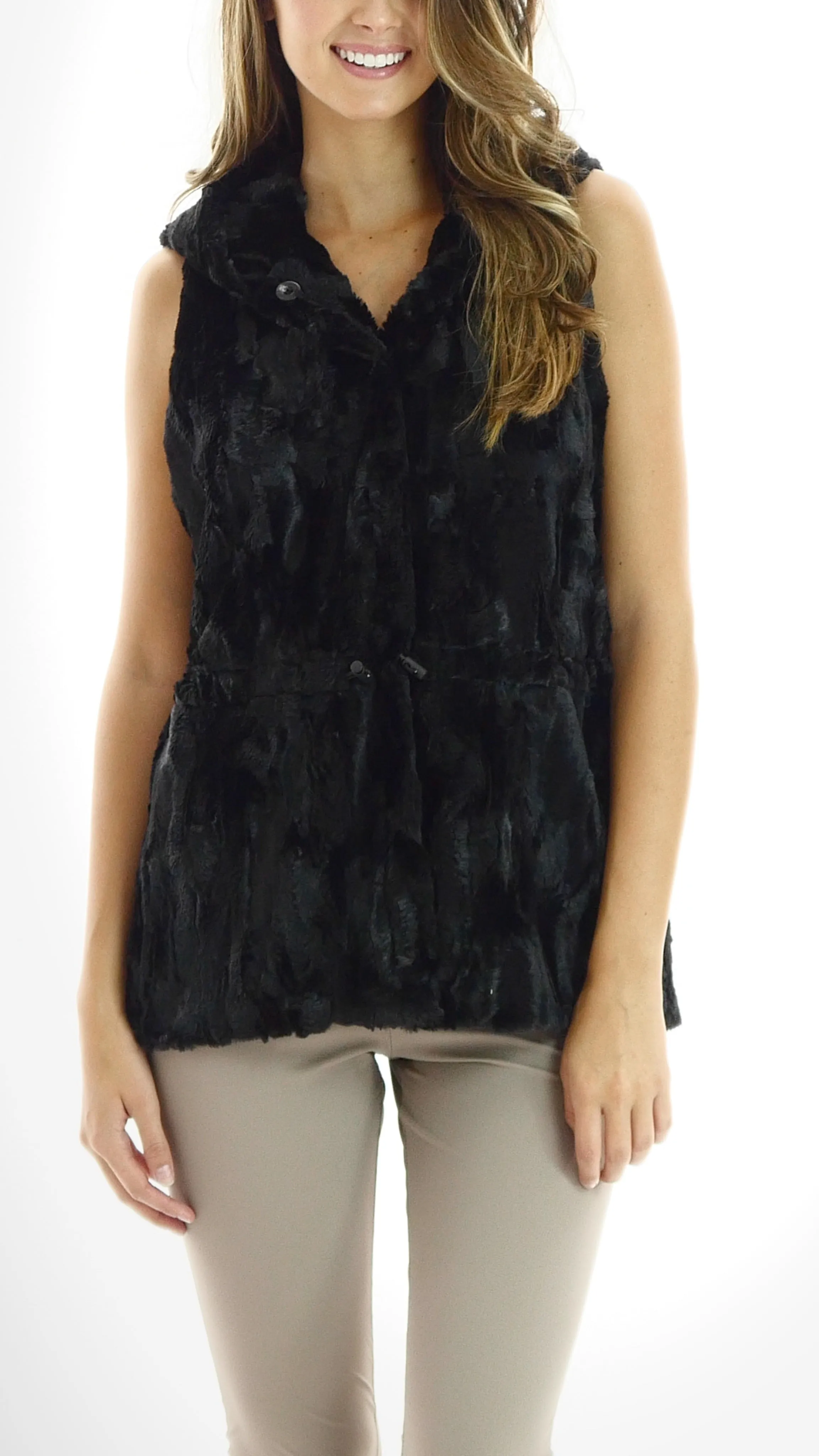 Faux Fur Casual Hoodie Vest with Elastic Strings