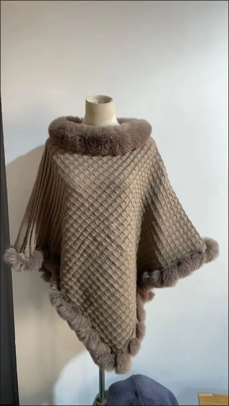 Faux Fur Collar Luxury Shawl Cape Poncho Wrap