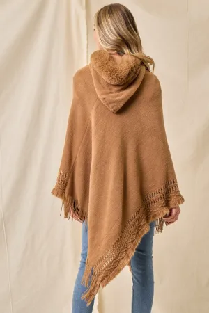 Faux Fur Hooded Blanket Knit Sweater Poncho