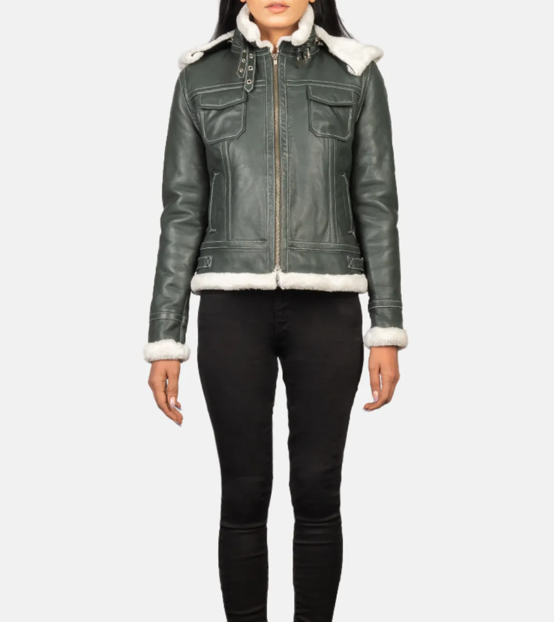 Fiona Green Hooded Shearling Women's Leather Jacket