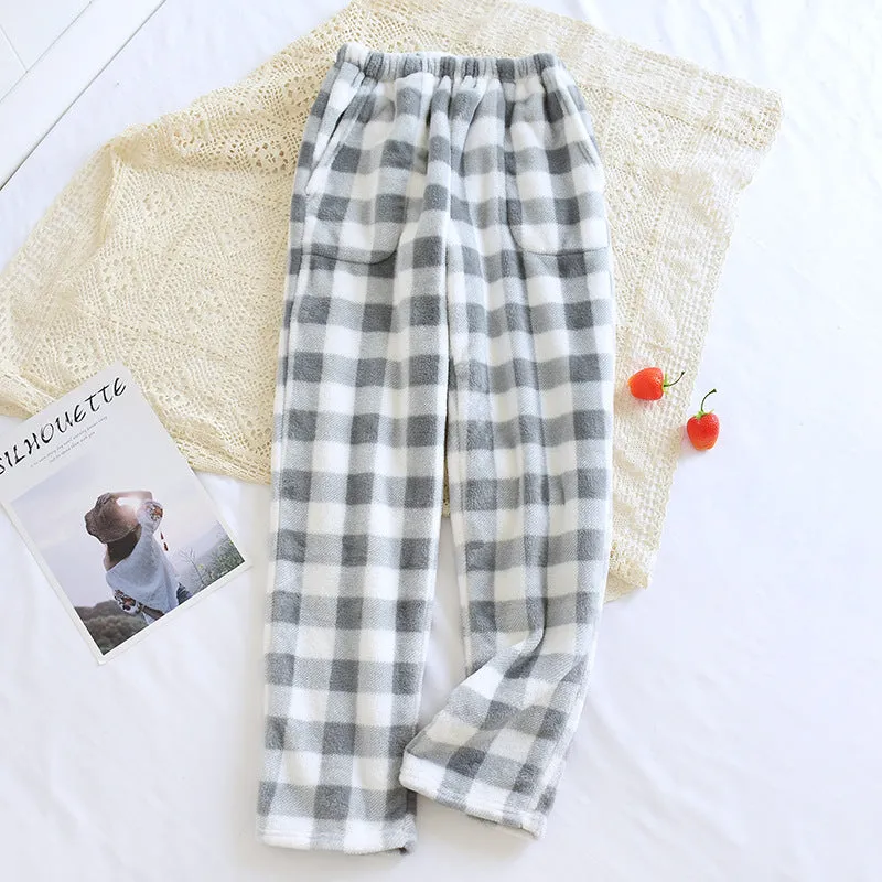 Flannel Warm Lounge Pants with Pockets - Couples' Flannel Fleece Sleep Pants - Thickened for Autumn/Winter, Straight-Leg