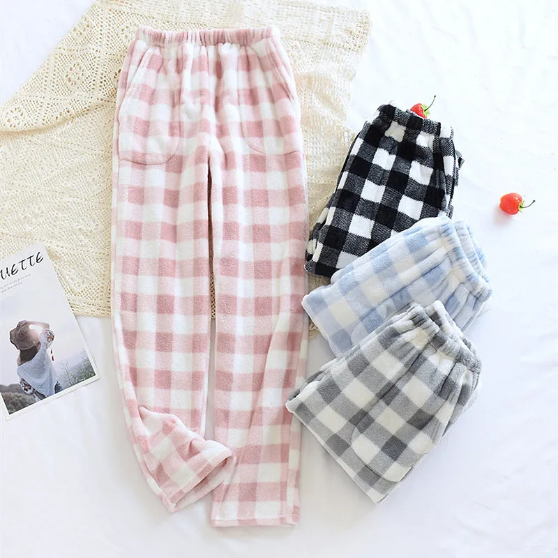 Flannel Warm Lounge Pants with Pockets - Couples' Flannel Fleece Sleep Pants - Thickened for Autumn/Winter, Straight-Leg