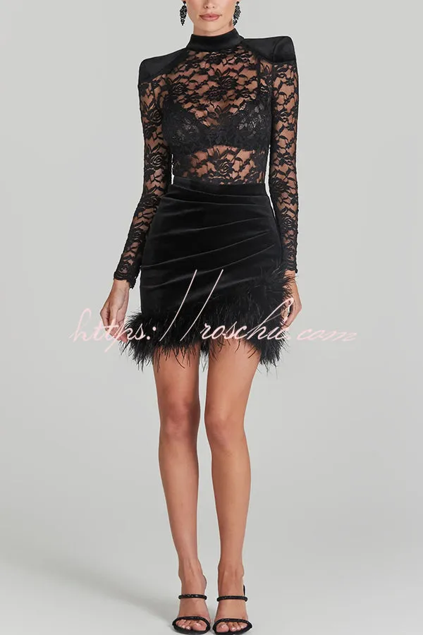 Freya Floral Lace Velvet Patchwork Feather Trim Ruched Stretch Mini Dress