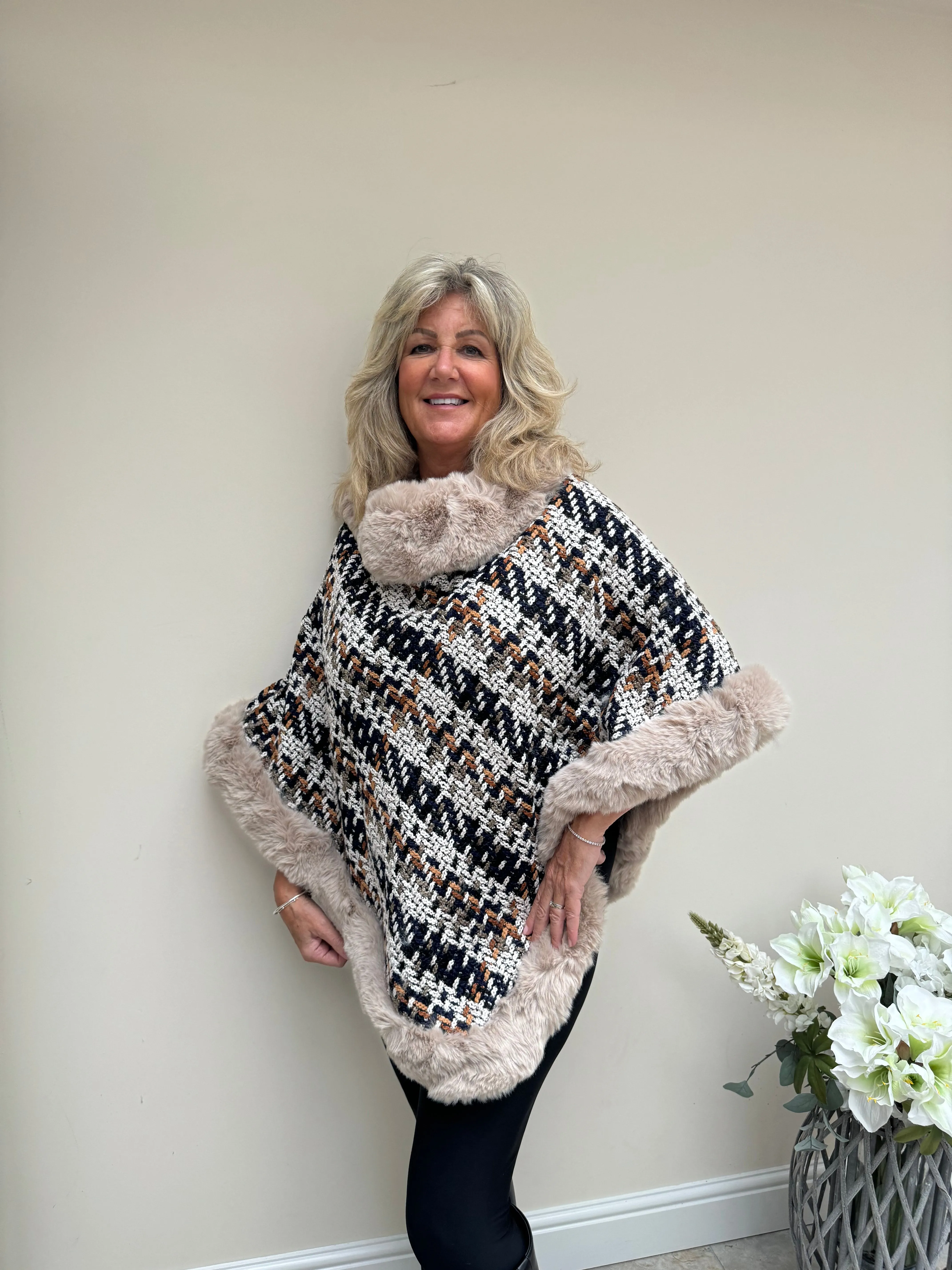 Fur Edged Knitted Poncho