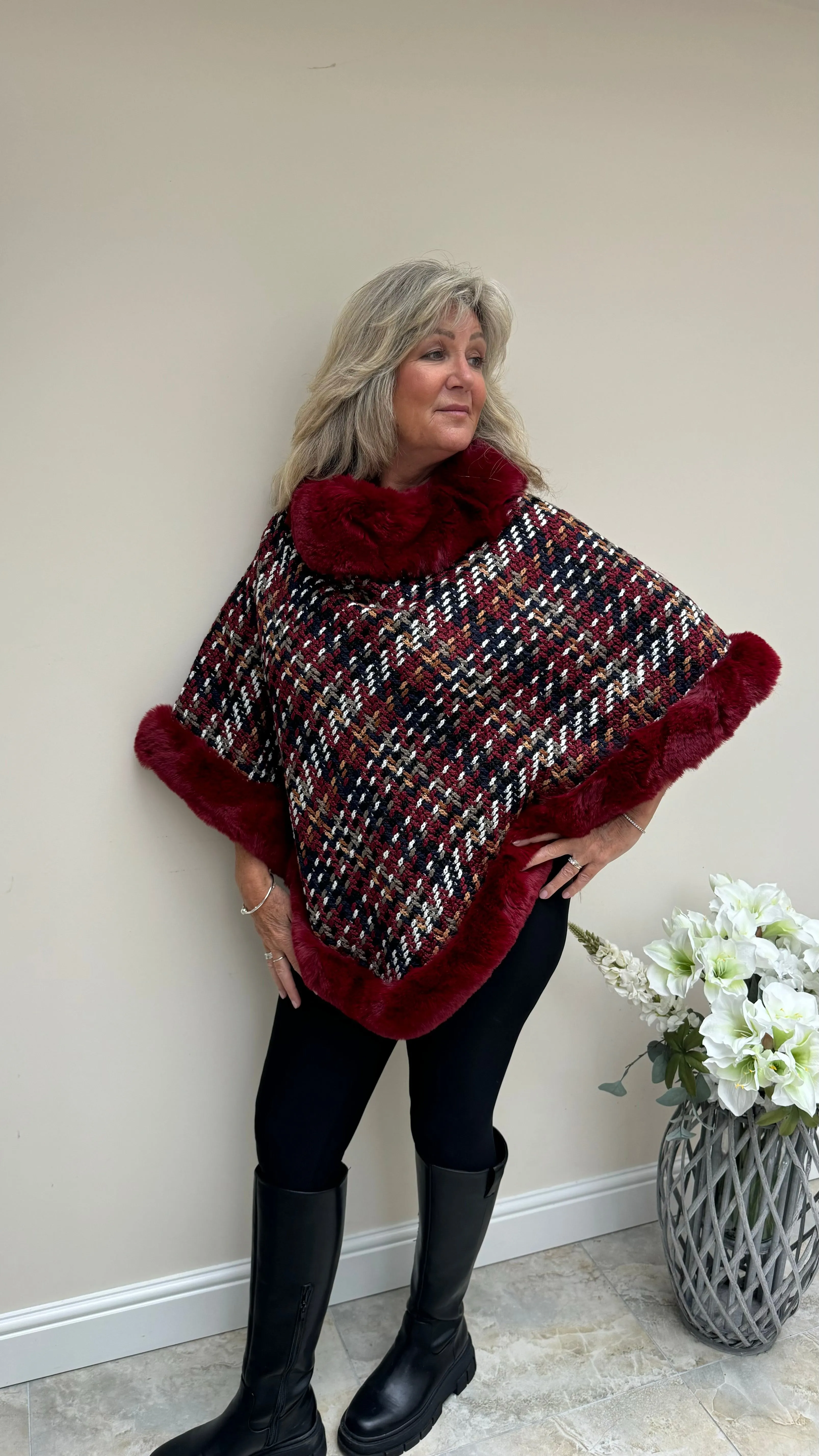 Fur Edged Knitted Poncho