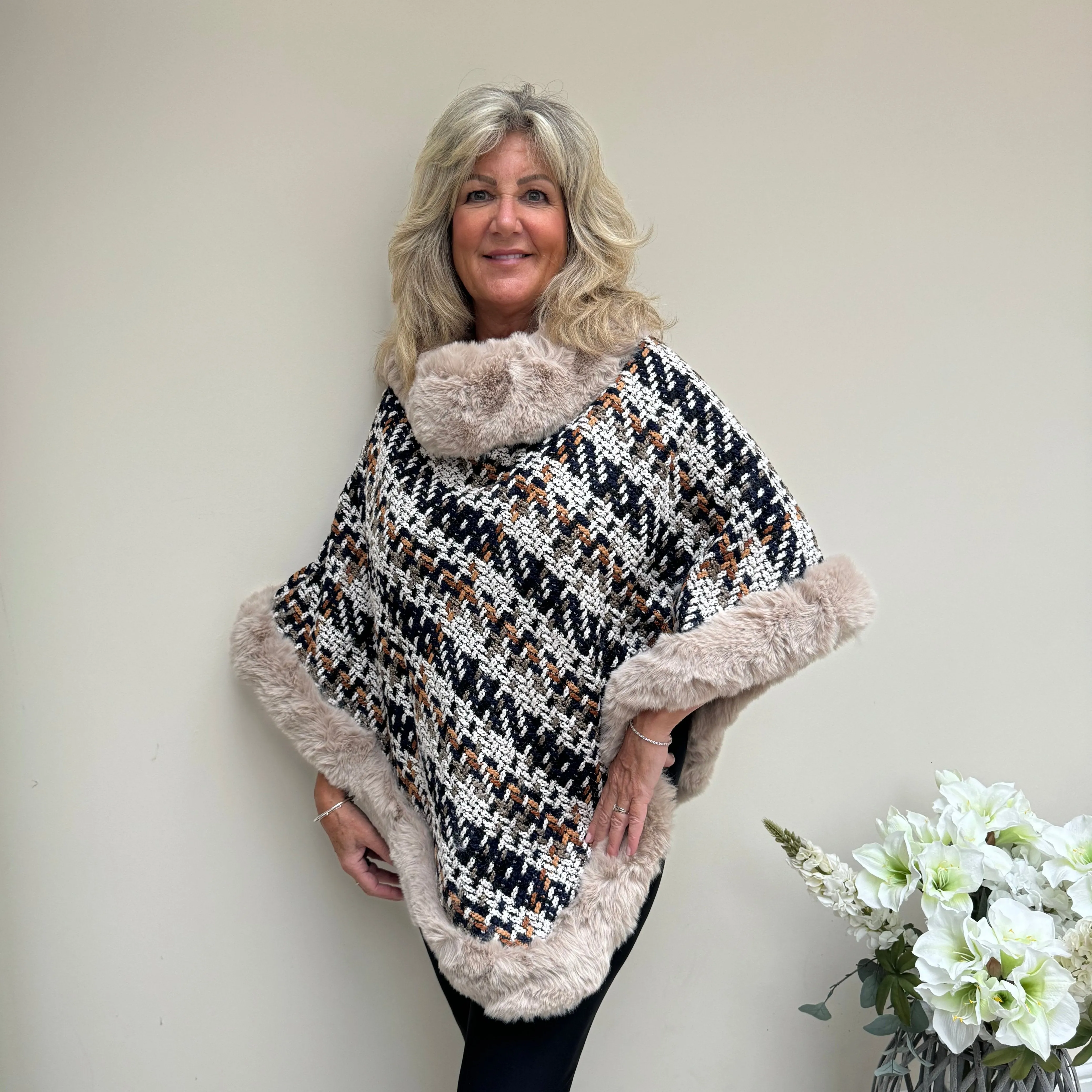 Fur Edged Knitted Poncho