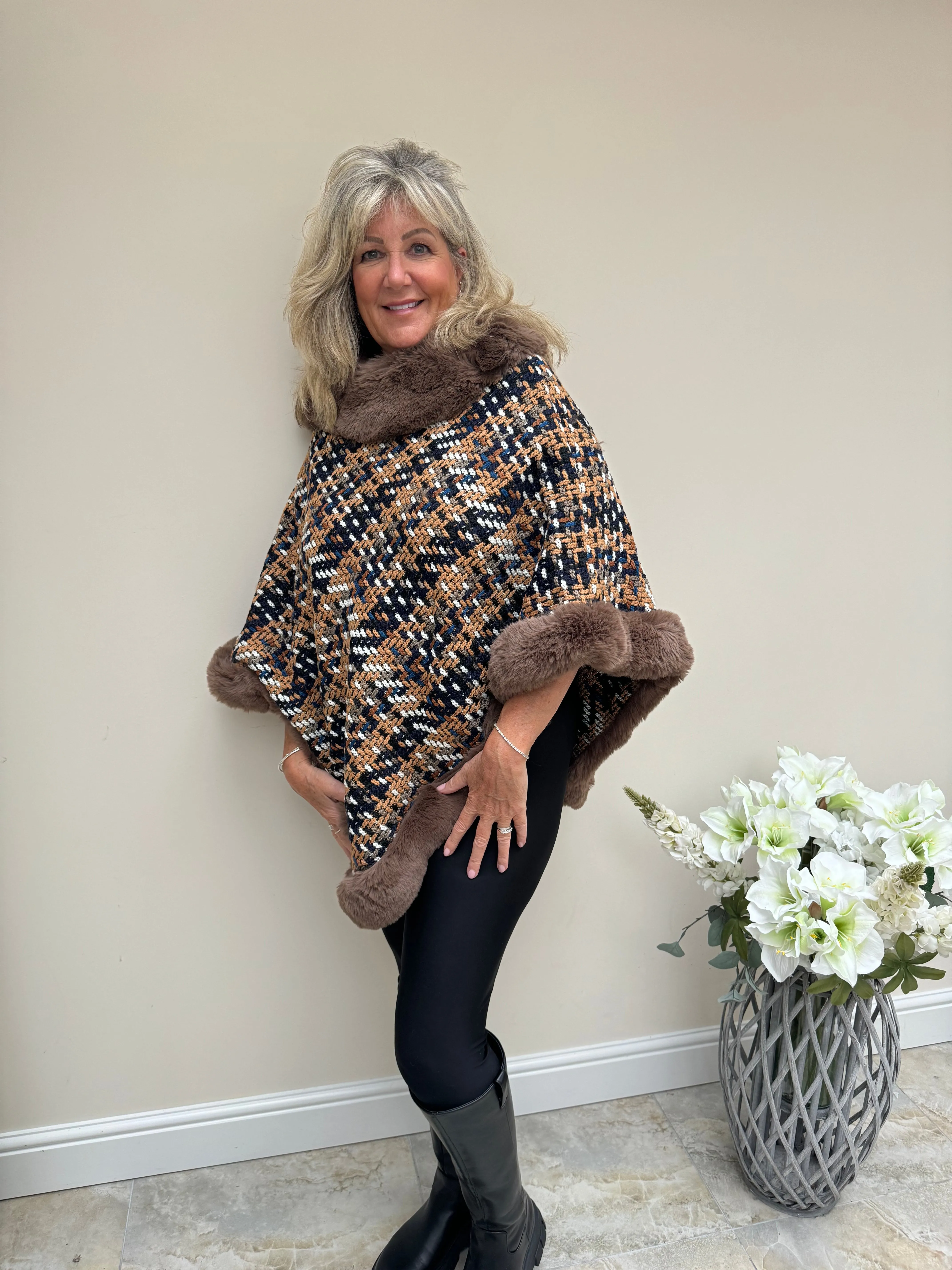 Fur Edged Knitted Poncho