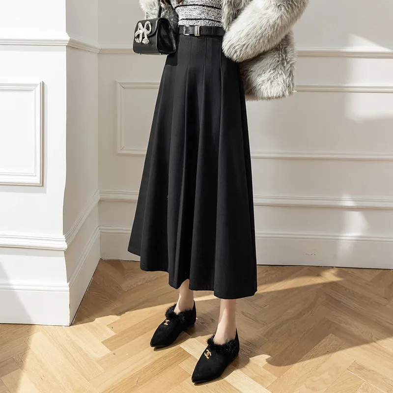 Girlary-shop church outfit Large Swing Slimming Woolen Long Skirt 2024 Winter New High Waist Mid-Length Pleated Skirt