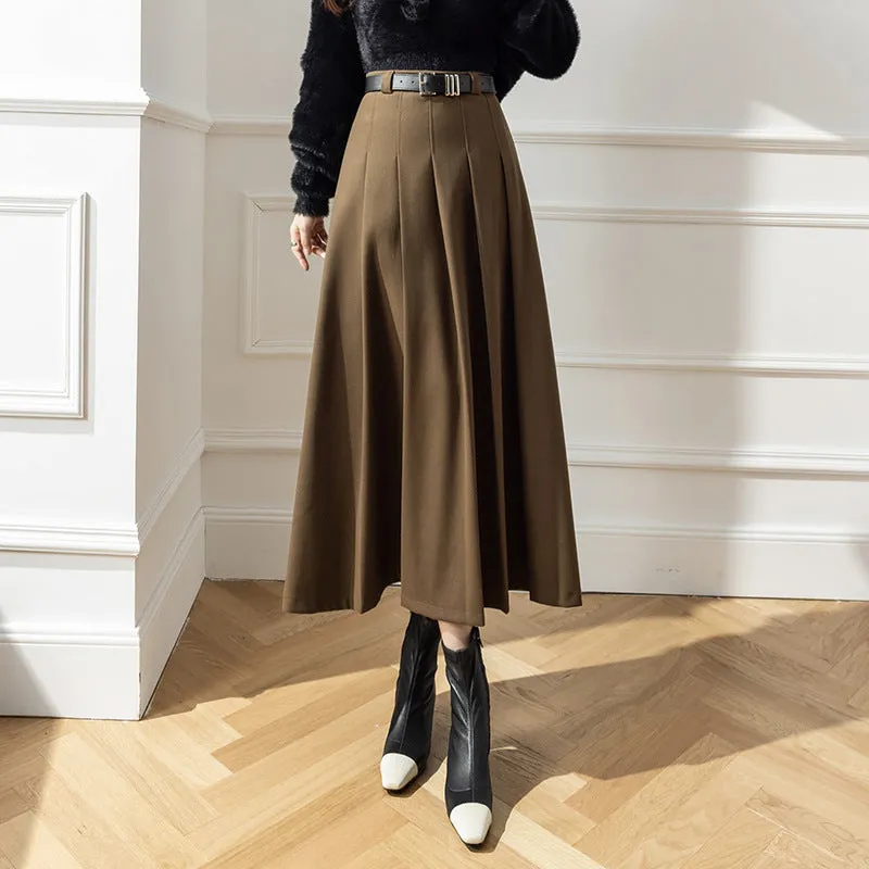 Girlary-shop church outfit Large Swing Slimming Woolen Long Skirt 2024 Winter New High Waist Mid-Length Pleated Skirt