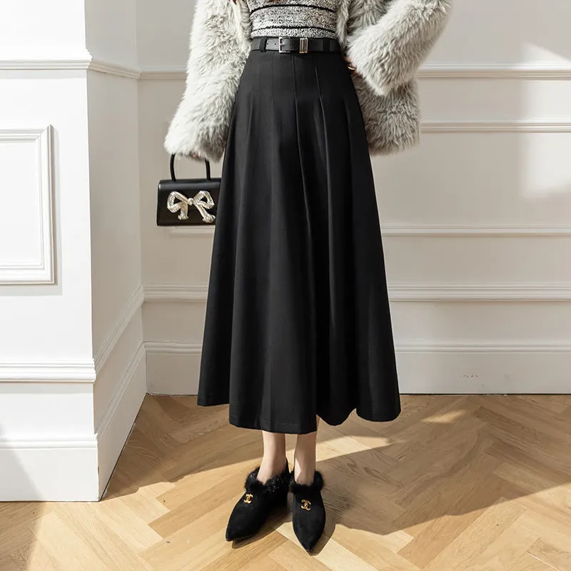 Girlary-shop church outfit Large Swing Slimming Woolen Long Skirt 2024 Winter New High Waist Mid-Length Pleated Skirt