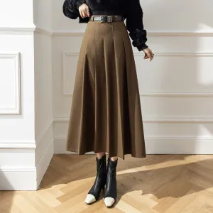 Girlary-shop church outfit Large Swing Slimming Woolen Long Skirt 2024 Winter New High Waist Mid-Length Pleated Skirt