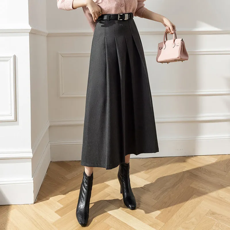 Girlary-shop church outfit Large Swing Slimming Woolen Long Skirt 2024 Winter New High Waist Mid-Length Pleated Skirt