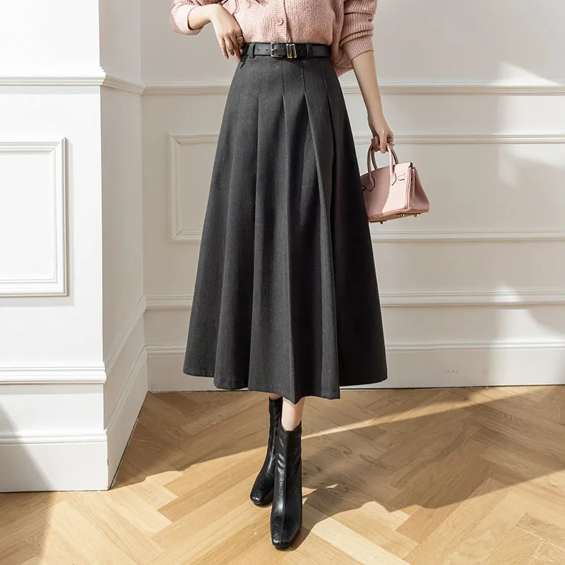 Girlary-shop church outfit Large Swing Slimming Woolen Long Skirt 2024 Winter New High Waist Mid-Length Pleated Skirt