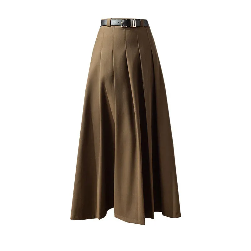 Girlary-shop church outfit Large Swing Slimming Woolen Long Skirt 2024 Winter New High Waist Mid-Length Pleated Skirt