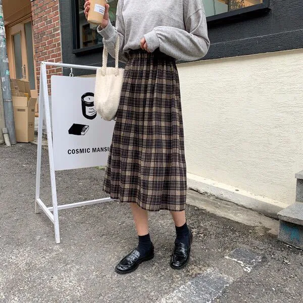 Girlary-shop teacher outfits Woolen Plaid Pleated Skirt Women's Autumn and Winter New Retro Skirt Versatile High Waist Slimming Mid-Length Pleated Skirt